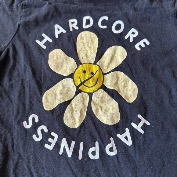 Black Denim & Flower Kids T-Shirt Smiley Face Hardcore Happiness Print Size 5/6 - Picture 3 of 8
